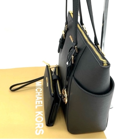 Michael Kors Charlotte Tote & Double Zip Wallet Black/Gold - Picture 5 of 10
